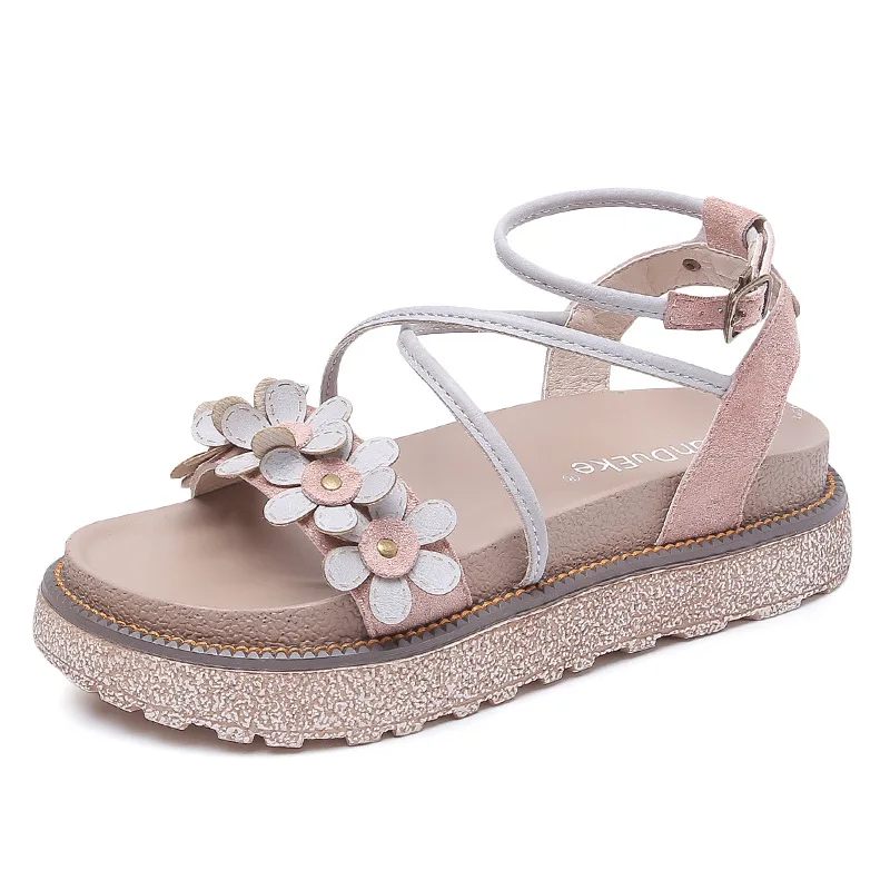

34~43 Plus Size Women Beach Platform Sandals Flowers Summer Peep Toe Ankle Strap Bow Leather Roman Sandals Gladiator Flat Shoes