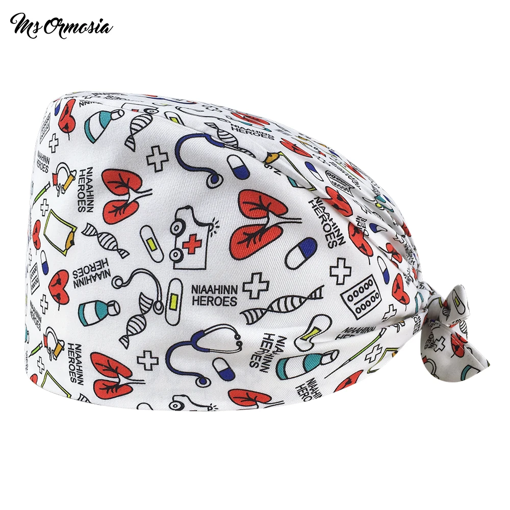 

wholesale new cotton Cartoon print hats adjustable Scrub hat beauty salon working cap laboratory pet shop Breathable scrub cap