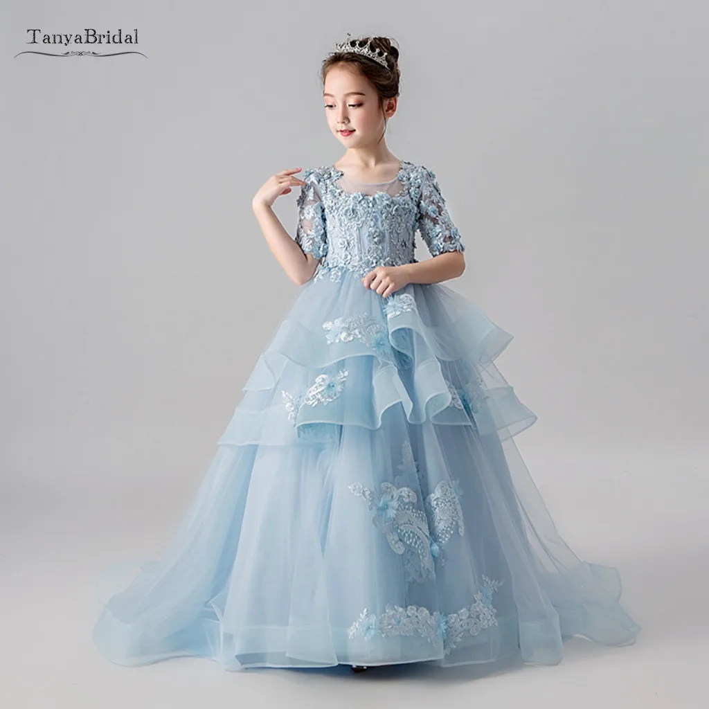 Floor Length Princess Light Sky Blue Lace Flower Girl Dresses Applique Girls Pageant Dress First Communion Dresses XF031