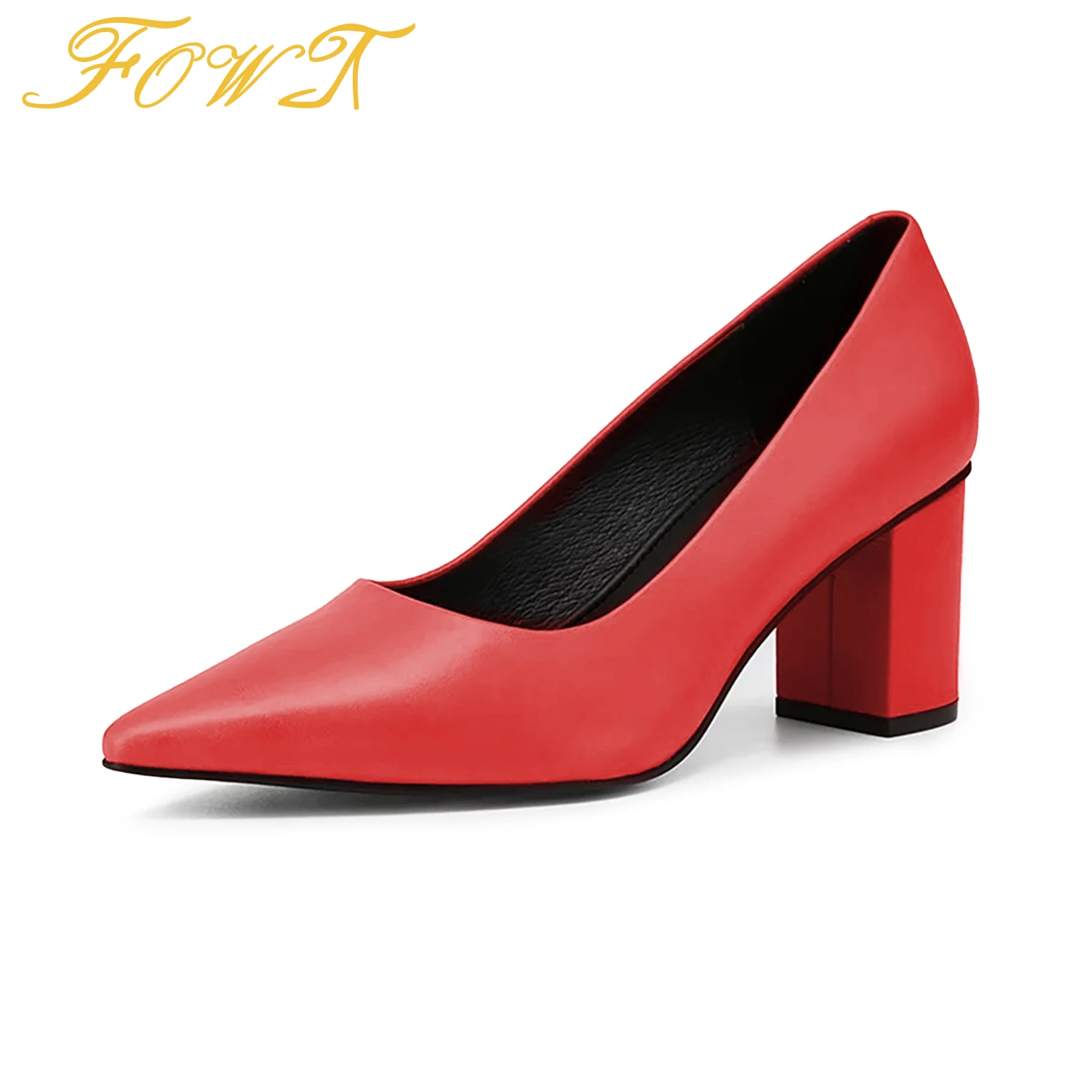 

Red High Chunky Block Heel Women Pumps Pointed Toe Ladies Autumn Spring Dress Office Mature Shoes Slip-On Large Size 14 15 FOWT