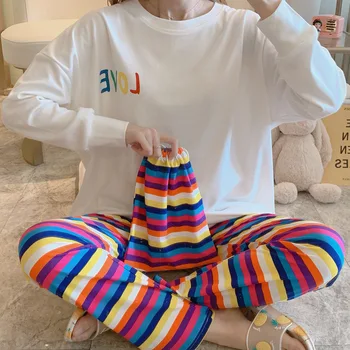 

Pajamas Women Long-sleeved Trousers Thin Section Round Neck Sweet and Fresh Can Wear Two-piece Suit Large Size Home Service