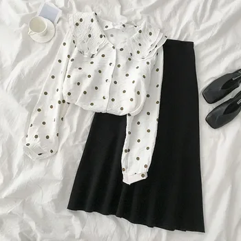 

Summer Elegant Skirt Set Women Casual Two Pieces Set Femme Polka Dot Blouse + High Waist Black Midi Skirt Matching Set