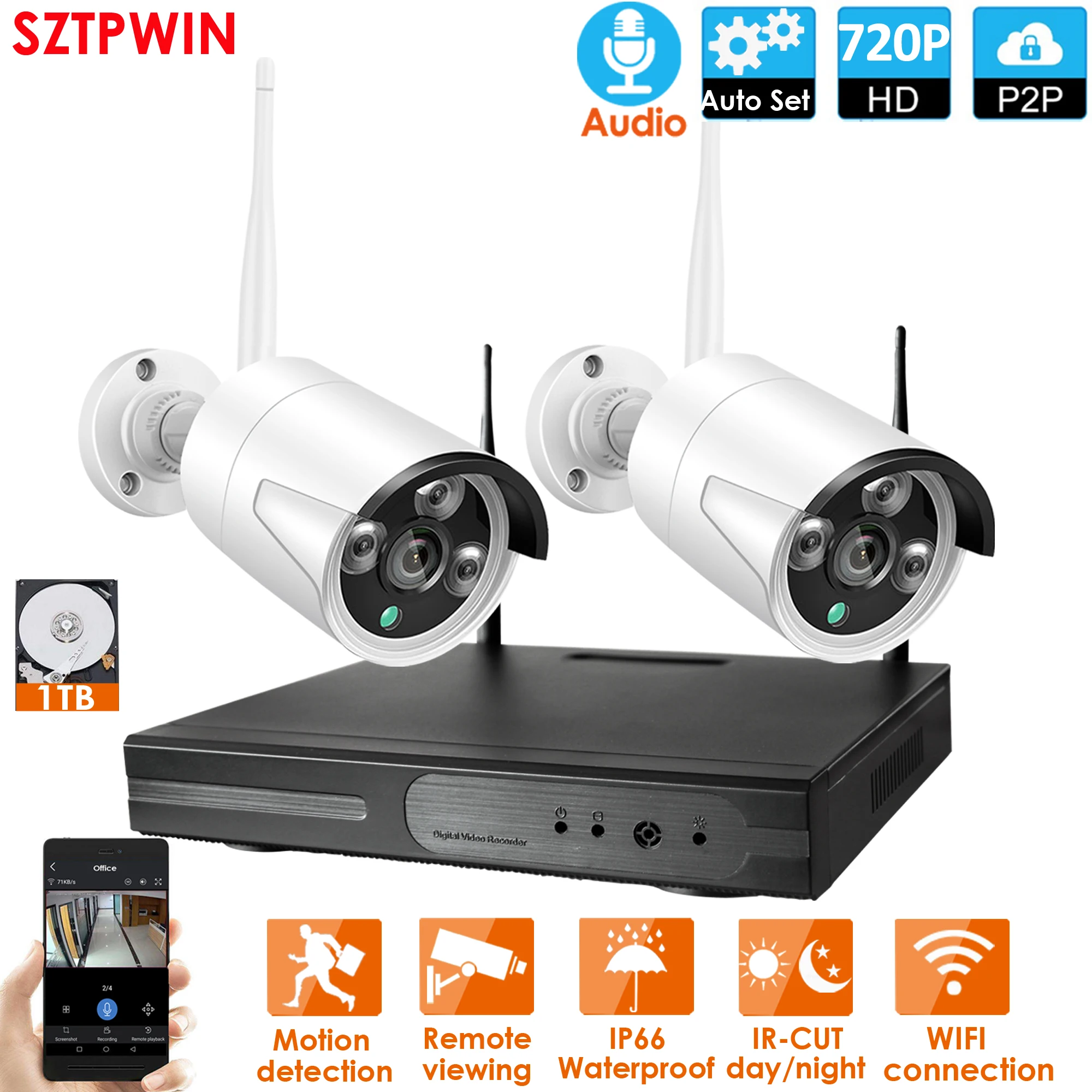 Беспроводная камера видеонаблюдения PlugandPlay 4 канала 1080 P аудио NVR P2P 720