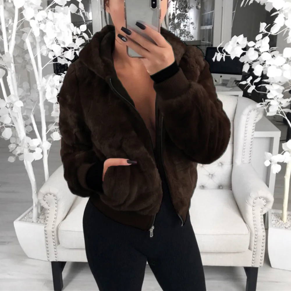 Faux Fur Coat Women With Hood New Oversize Coats High Waist Female Slim Fit Overcoat Tops Winter Warm Plush Jackets Outwear - Цвет: Coffee