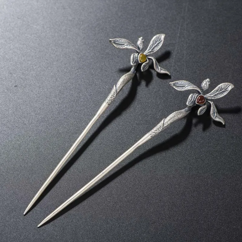 

925 Sterling Silver Chinese Hair Stick for Women Bridal Headpiece Natural Stone Antique Thai Silver Vintage Jewelry Dropshipping