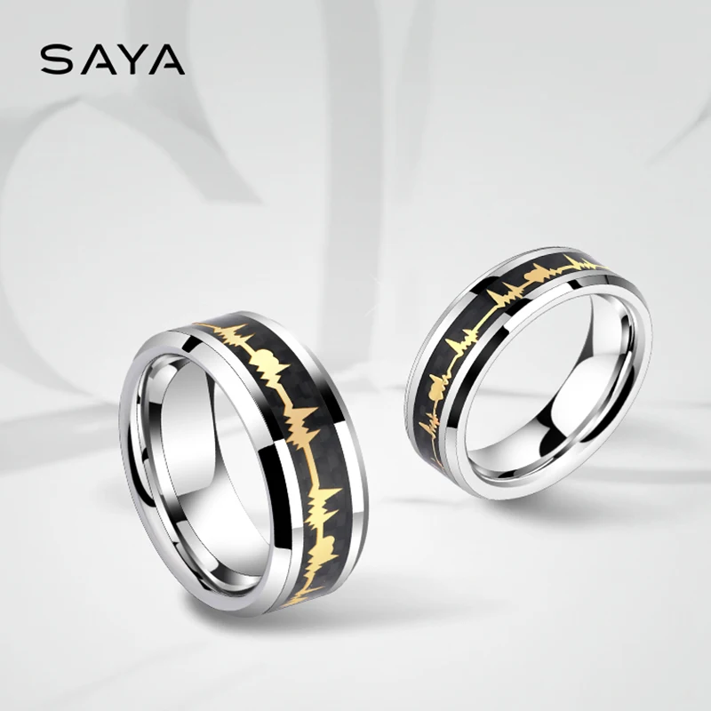 

New Arrival 2017 Trendy Man's Tungsten Wedding Rings 8mm Width Inlay Black Carbon Fiber and HeartBeating Pattern Size 7-11