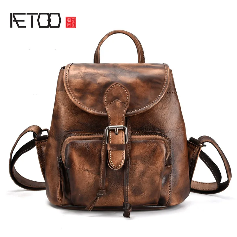 

BJYL New retro first layer leather backpack casual backpack female hand-brushed leather tree high leather bag