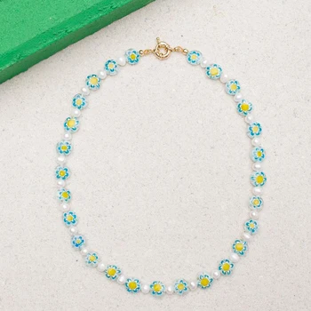 

handmade colorful beaded necklace natural pearls beautiful little flower beads mashup design boho style jewellery naszyjniki