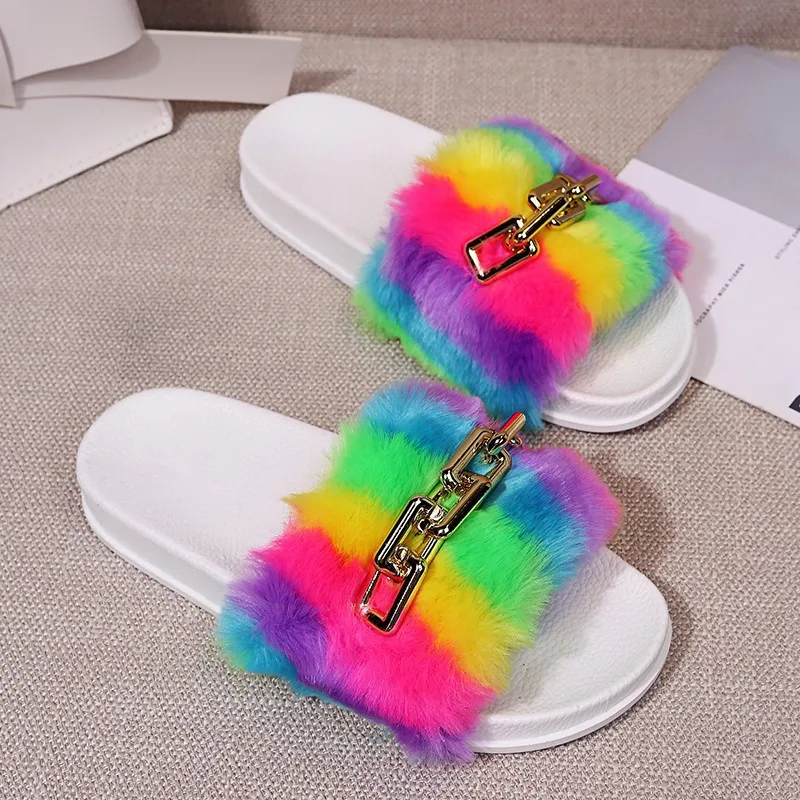 Summer Casual Slippers For Outer Wear, Thick-soled Color-blocking Furry Women's Slippers Chain-shaped Sandals And Slippers Women