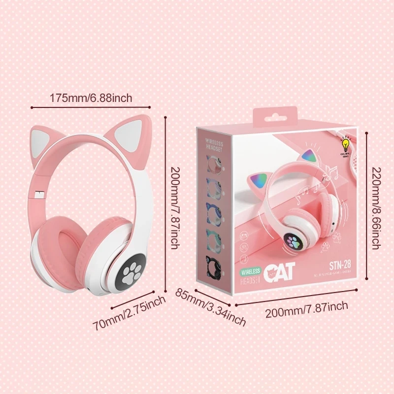 Bluetooth Headphone Pink Cat Ear Headset Wireless Headphones LED Light Stereo Music earpphones Girl Headset for PC