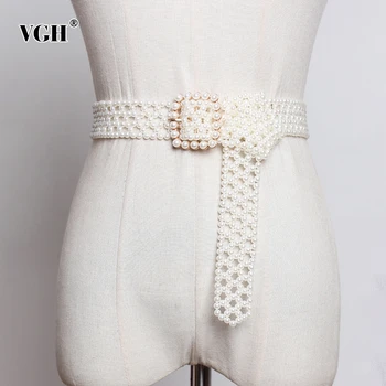 

VGH Elegant Pearls Hollow Out Square Buckle Long Wide Belt Personality Women New Fashion Tide All-match Fashion 2020 Accessories