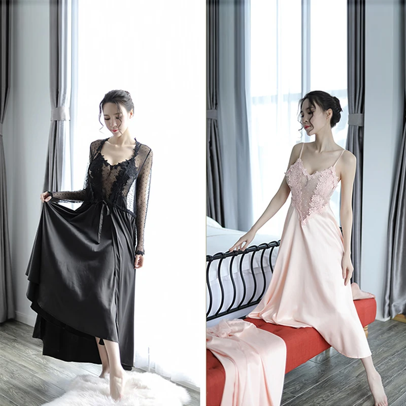 High-end beautiful home service suit aunt with the same paragraph nightgown nightdress two-piece suit sexy satin sexy underwear