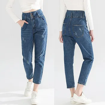 

2019 Casual Blue Color Jeans ropa mujer Fashion Womens Clothes High Waist Frazzle Button Zipper Pocket Denim Jeans Sexy Pants#C8