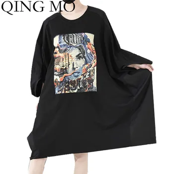 

QING MO Black Women Character Prited Dress 2020 Spring Women Plus Size Loose Dress Female Batwing Sleeve Dress ZQY3327