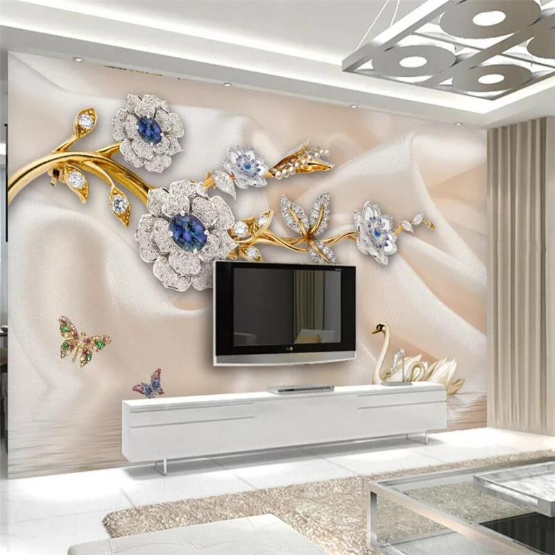 

beibehang Custom wallpaper 3d luxury European swan jewelry flower TV background wall 5d living room bedroom mural 8d wallpaper