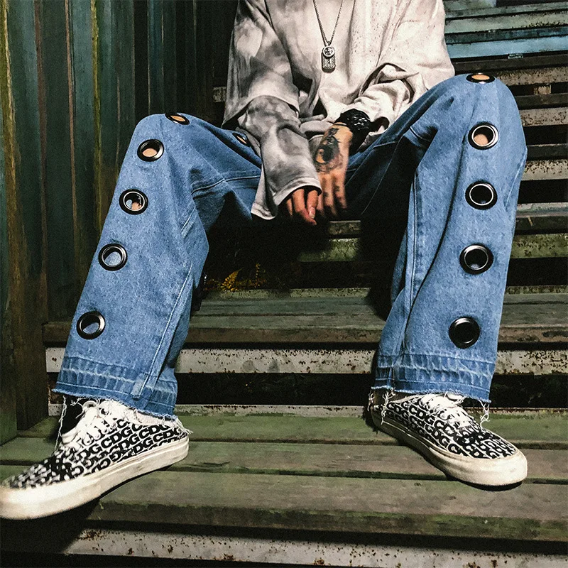 UNCLEDONJM отверстие поврежденные Для мужчин джинсовые штаны в стиле «хип-хоп», джинсы свободного кроя дизайнерские Джинсовые штаны в стиле Харадзюку уличная джинсовая в стиле панк LP001 - Цвет: Синий