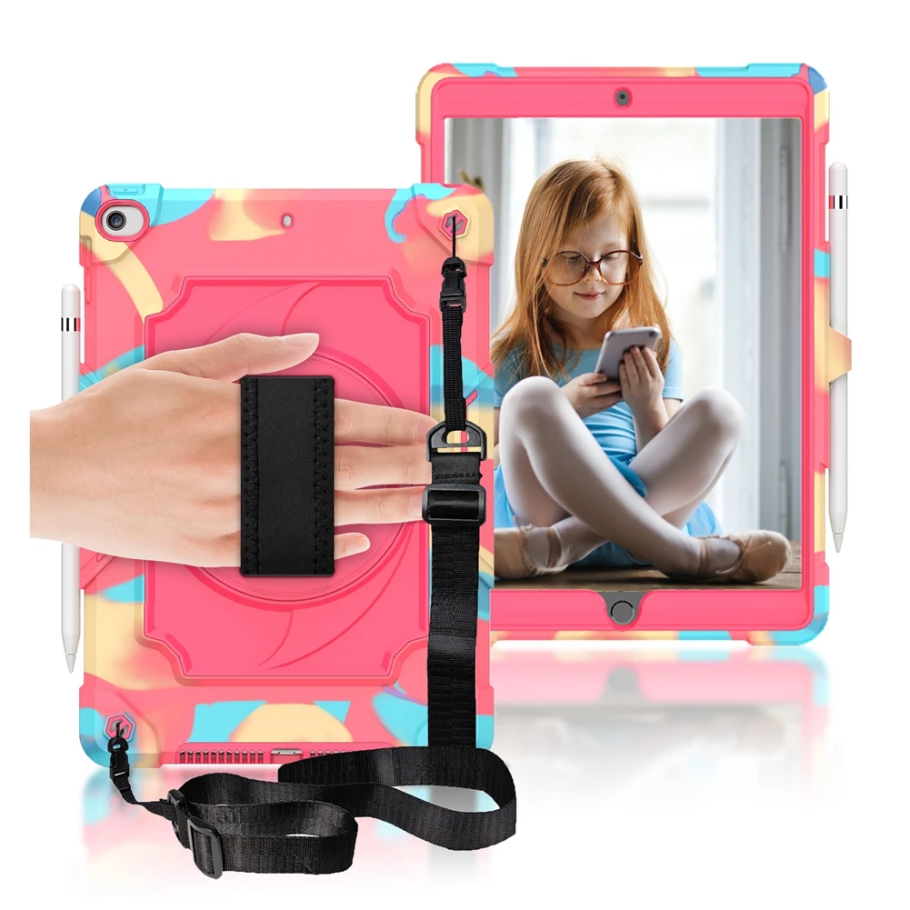 

For iPad 10.2 7th 8th Generation 360 Rotation Hand Strap&Kickstand Silicone Kids ShockProof cover For iPad Air 3 4 Pro 11 fundas