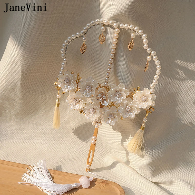 

JaneVini Luxury Handmade White 3D Flowers Pearls Bridal Bouquets Fan Classic Metal Hollow Round Fans Wedding Jewelry Accessories
