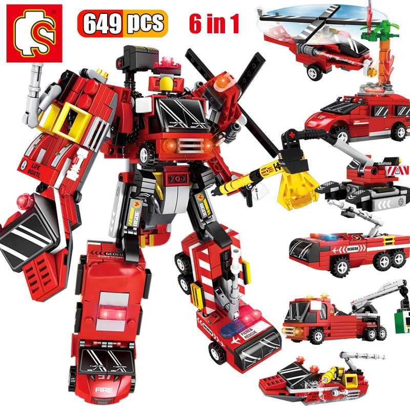 

SEMBO City 6 в 1, деформационный робот, строительные блоки, пожарная деформация, механический воин, экшн-фигурки, кирпичи, игрушки для мальчиков