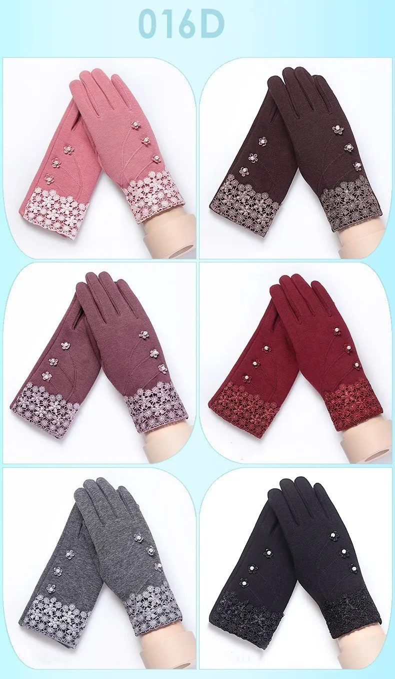 Женские модные теплые хлопковые перчатки для сенсорного экрана перчатки женские зимние перчатки Цветочные кружевные варежки с бантом