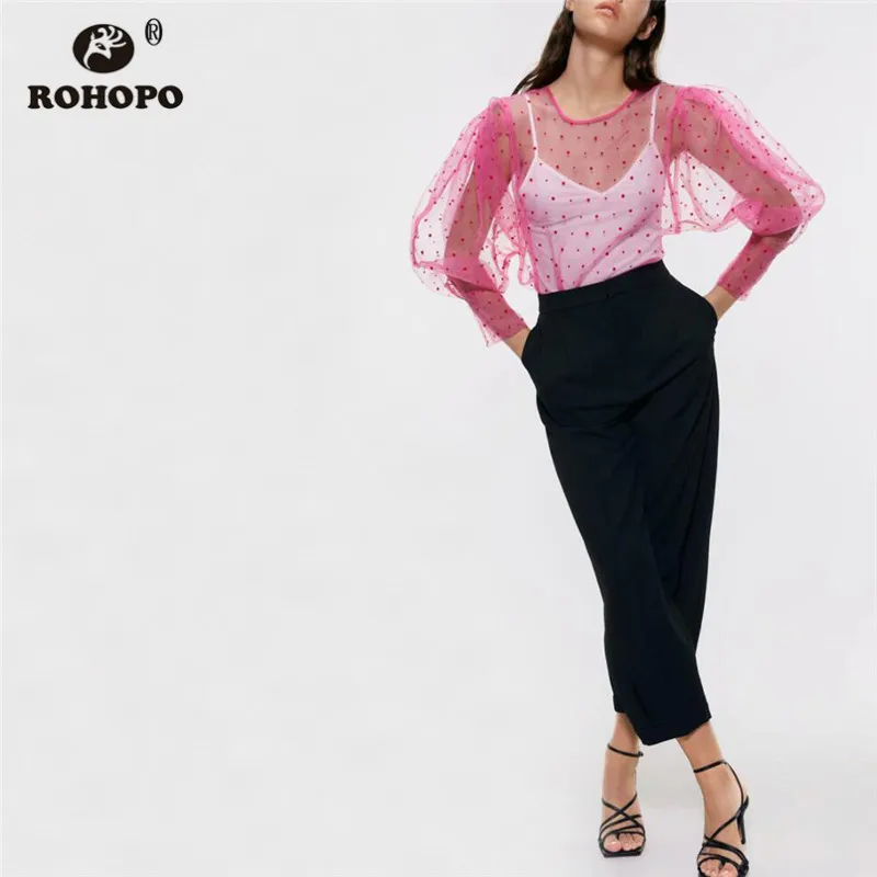 

ROHOPO Puff Long Sleeve Round Collar Polk Dot Tulle Pink Blouse Semi Transparent Pullover Chic Ladies Top Shirt #9595