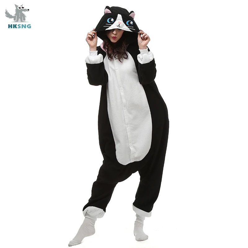 HKSNG животных Для Взрослых Черная Кошка Kigurumi пижамы для всей семьи с героями