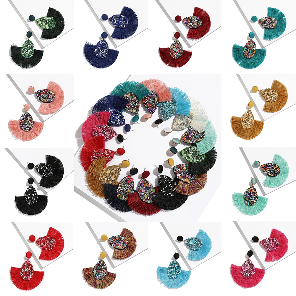 

2019 Ethnic Bohemia Bright Dangle Drop Earrings Biscuits Round Resin Tassel Earrings For Women Jewelry Earrings