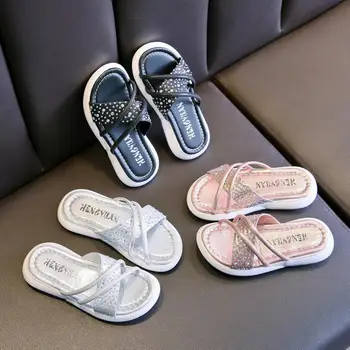 

Children Slippers For Girls Indoor Outdoor Kids Beach Slippers Slides Rhinestone Princess Sweet Soft Rubber Open-toes Sandals