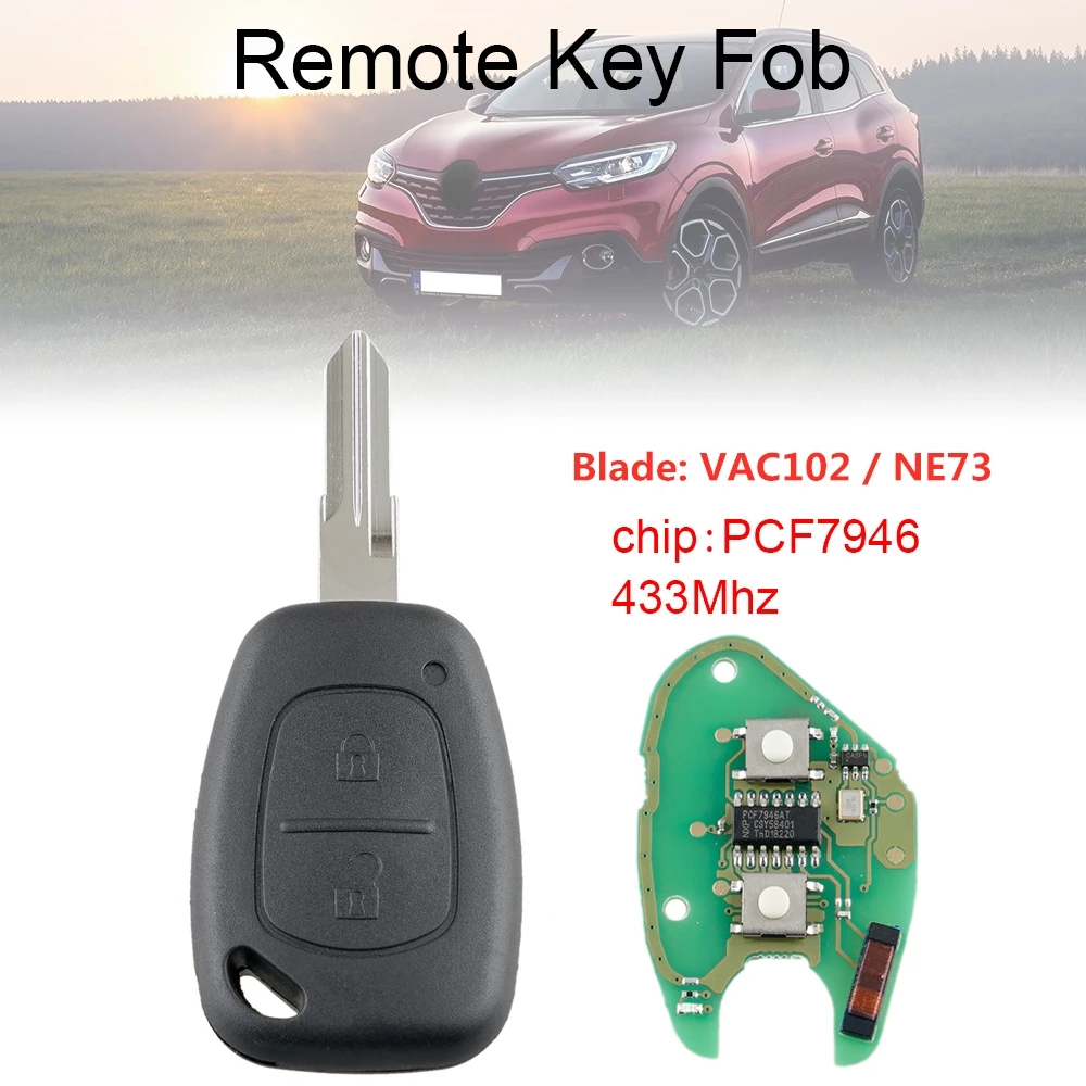 

433Mhz 2 Buttons Car Remote Key with PCF7946 Chip and VAC102 Blade / NE73 Blade Fit for Renault New