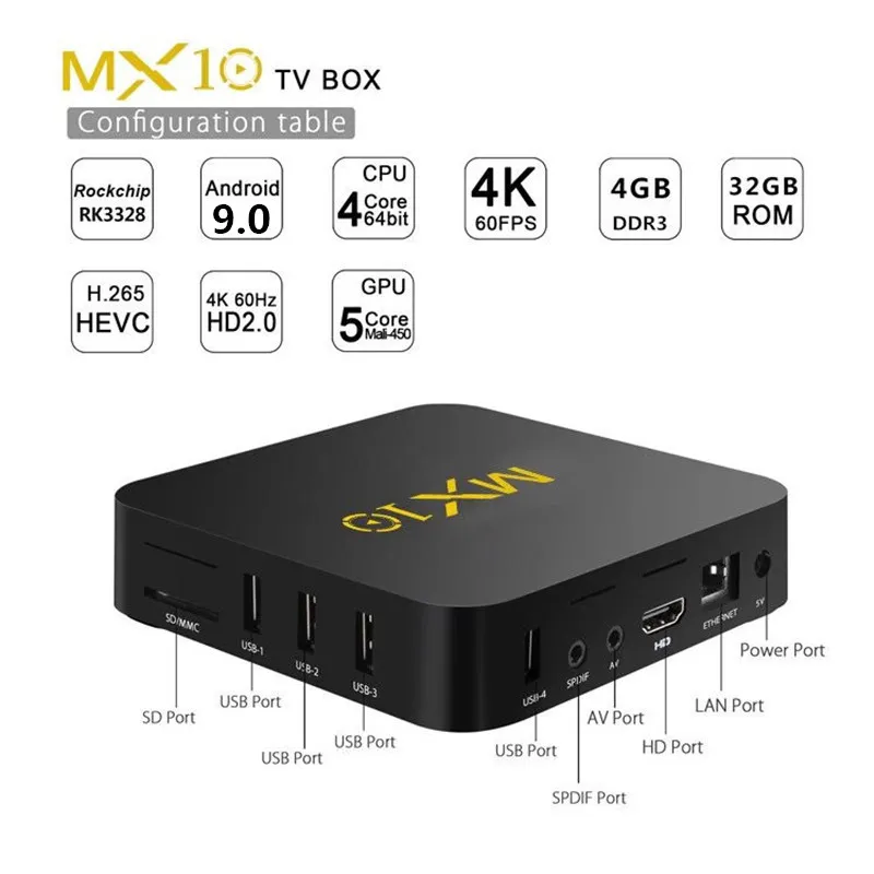 

Android 9.0 TV Box MX10 4GB/32GB RK3328 Quad-Core 2.4G WiFi 100M LAN VP9 H.265 HDR10 4K USB 3.0 Smart Media Player