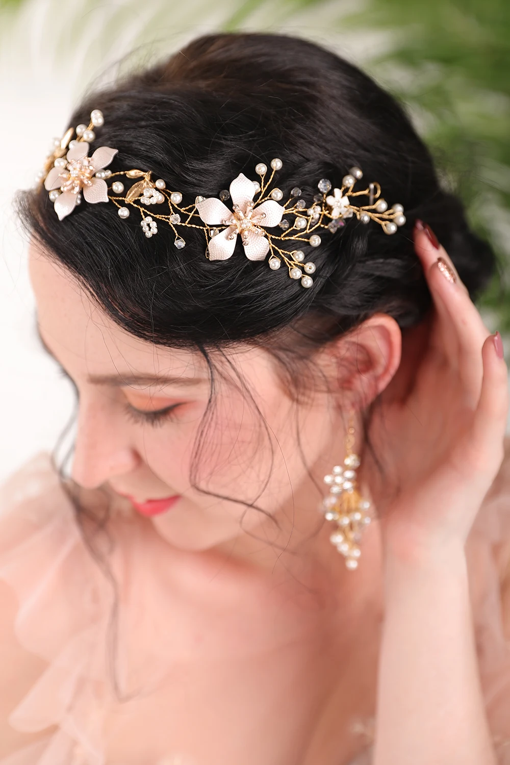 Gold Flower Crown and earrings Shiny Rhinestones Crystal Pearl women Hair Accessories Headwear Bridal Jewelry Sets