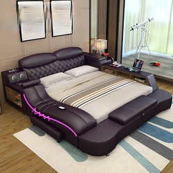 Cama Doble de Piel de Estilo Japonés para Dormitorio, Mueble de Descanso tipo Tatami, Estilo Moderno, Minimalista, Gran Tamaño 2 m, 2,2 m y 2,4 m
