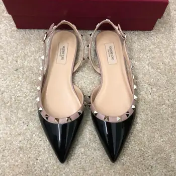 

new style women brand shoes flat sandals with rivets cow patent leather rivet women shoes pointed toe big size 34-43 v logo