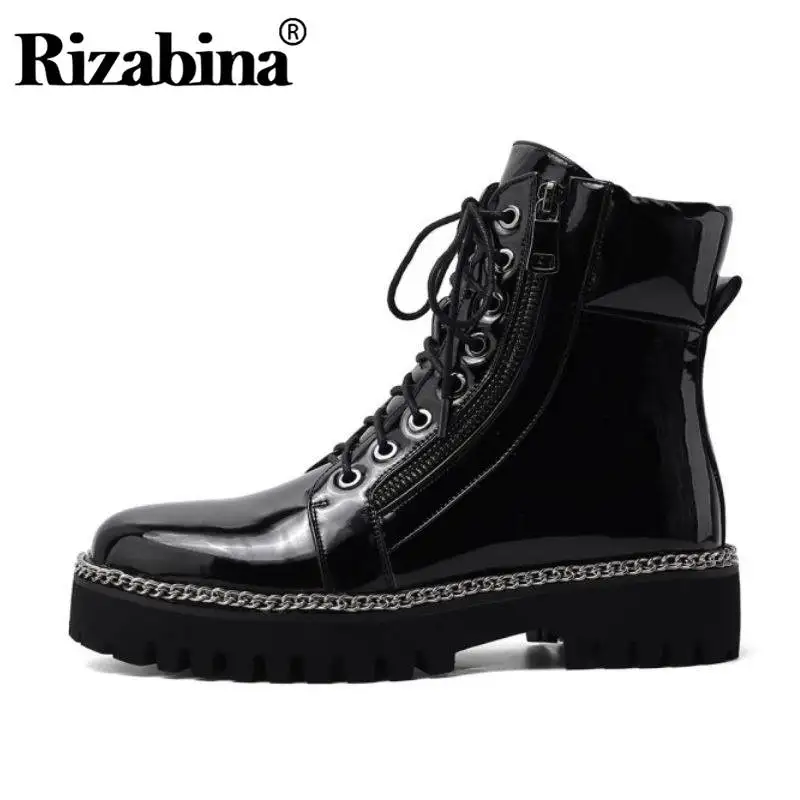 RIZABINA/размеры 34-46, ботильоны для женщин, с круглым носком, на плоской подошве, на шнуровке, кожаная обувь в стиле панк, женская обувь на молнии с цепочкой