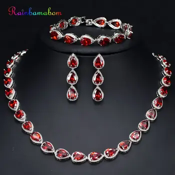 

Rainbamabom 925 Solid Sterling Silver Pear Citrine Ruby Gemstone Necklace/Earrings/Bracelet Cocktail Jewelry Sets Gift Wholesale