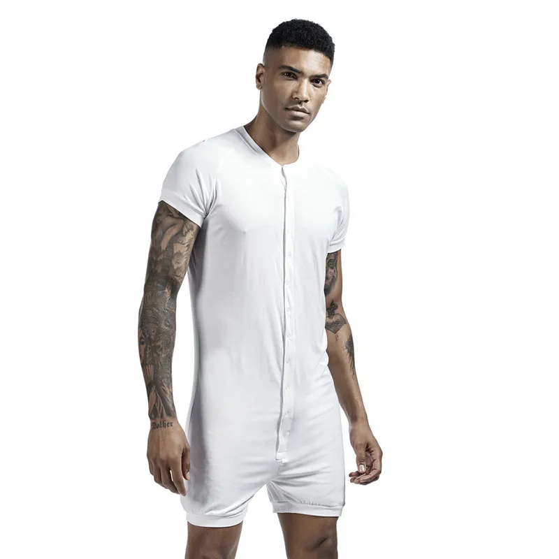 Men's Siamese Pajamas Onesies Home Clothes Super elastic Comfortable Snap Button Jumpsuit Men Sleepwear Solid Color T Shirts