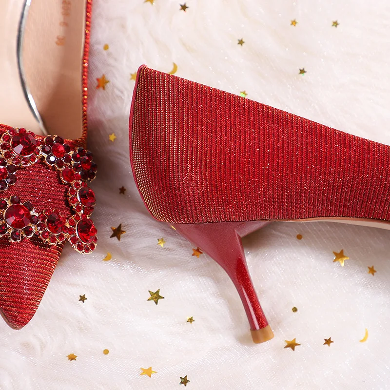 Sexy Pumps Wedding Women Fetish Shoes women pumps Rhinestones None-Woven Slip On 6.5CM Thin High Heels Pointed Toe Shallow