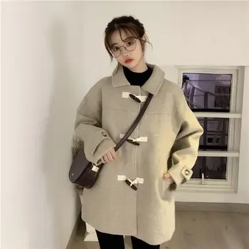 

Women Sweet Horn Buttons Woolen Coat Winter Warm Solid Soft Long Coats Fashion Straight Outwear
