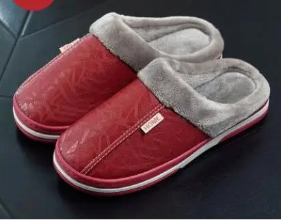 Большие размеры 50; мужские тапочки; Домашние кожаные зимние водонепроницаемые теплые домашние меховые женские тапочки; Мужская обувь для пар; тапочки больших размеров - Цвет: red