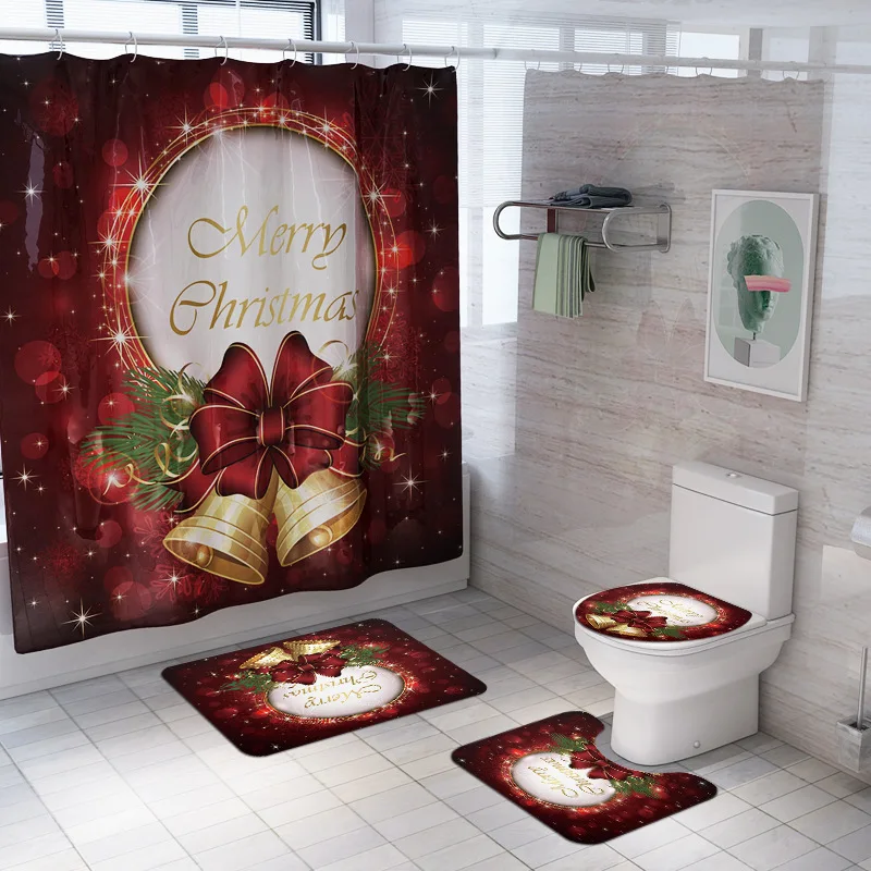 Merry Christmas набор для ванной, снеговик, колокольчик Санты, лося, узор, водонепроницаемая занавеска для душа, покрытие для унитаза, коврик, нескользящий ковер, Navadid - Цвет: 4pcs bell  set