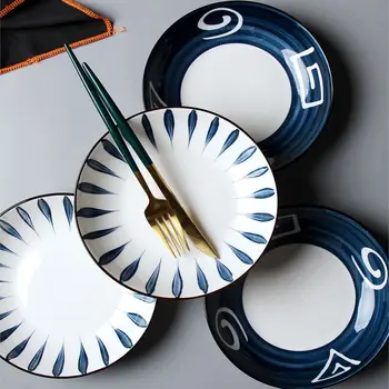 

4pcs 18cm High Grade Ceramic Dinnerware Set Round Dinner Plates Set Hand Paint Leaves Deep Plate for Soup Western Food