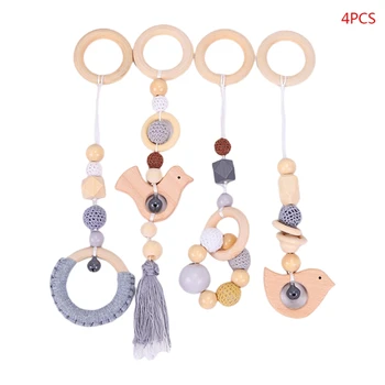 

4 Pcs/Set Baby Gym Frame Stroller Hanging Pendants Wooden Ring Teether Molar Toy R2JF