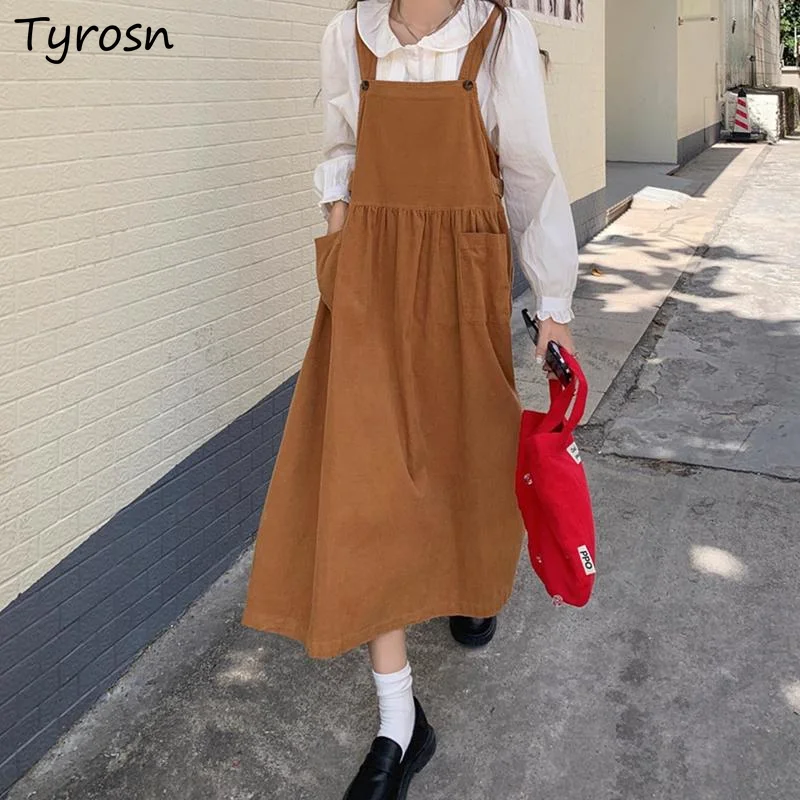 

Sleeveless Dress Women Corduroy Folds Preppy Style Schoolgirl Solid All-match Straps Casual A-line Lovely Sweet Mid-calf Ulzzang
