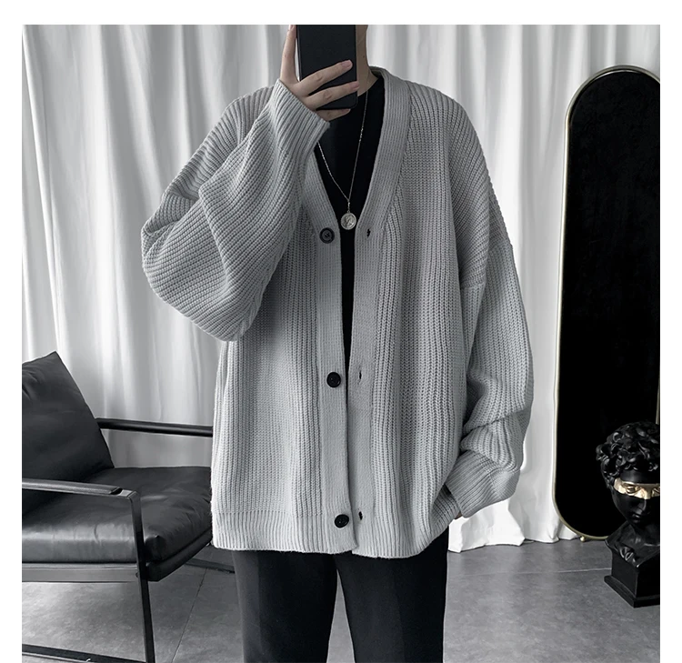 Autumn Winter Cardigan Men's Fashion Solid Color Casual V-neck Knit Sweater Jacket Men Loose Sweater Coat Mens Sweter Clothes