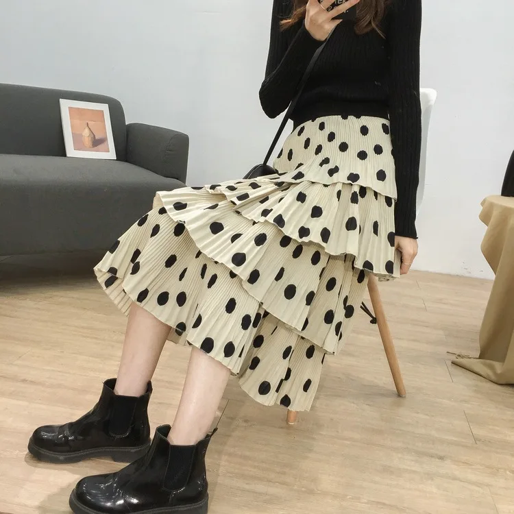 

2019 Spring And Autumn Cake Dress Hong Taste Great Polka Dot Chiffon Skirt Women's A- line High-waisted Pleated Skirt Medium-len