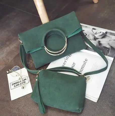 Fashion new 2 pcs Women Handbags High-quality Matte PU Leather Women bag Open Metal Ring Envelopes Portable Shoulder bag - Цвет: Green