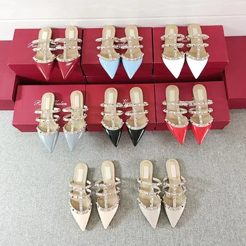 

Brand Women Sandals V Rivet Slippers Women's Summer Semi Baotou Sandals Fashion Sandals Women's Pointed Flat Bottom Leather