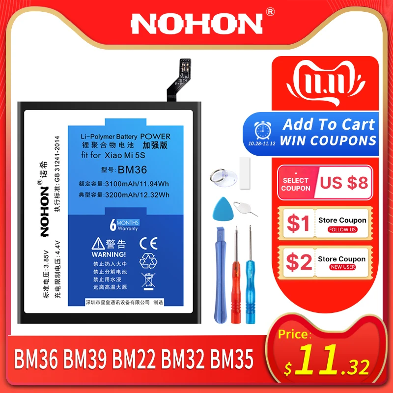 Günstig NOHON Batterie Für Xiao mi mi 4C 5 S 6 5 4 mi 4 mi 5 mi 6 mi 4C BM36 BM35 BM39 BM22 BM32 Ersatz Handy Bateria Kostenlose Tools