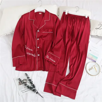 

Lovers 2PCS Shirt&Pants Women Turn-down Collar Pajamas Suit Nightwear Lougne Sleep Set Home Clothing Casual Sleepwear Negligee