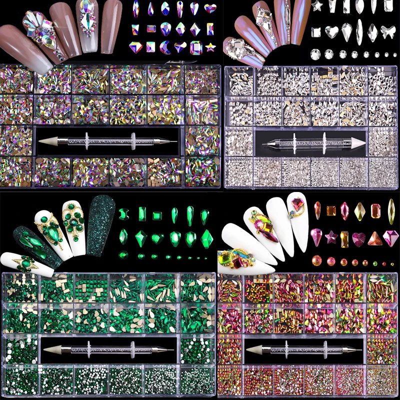 

Luxury Shiny Diamond Nail Art Rhinestones Kit Glass Crystal Decorations Set 1pcs Pick Up Pen In Grids Box 21 Shapes of 2500pcs